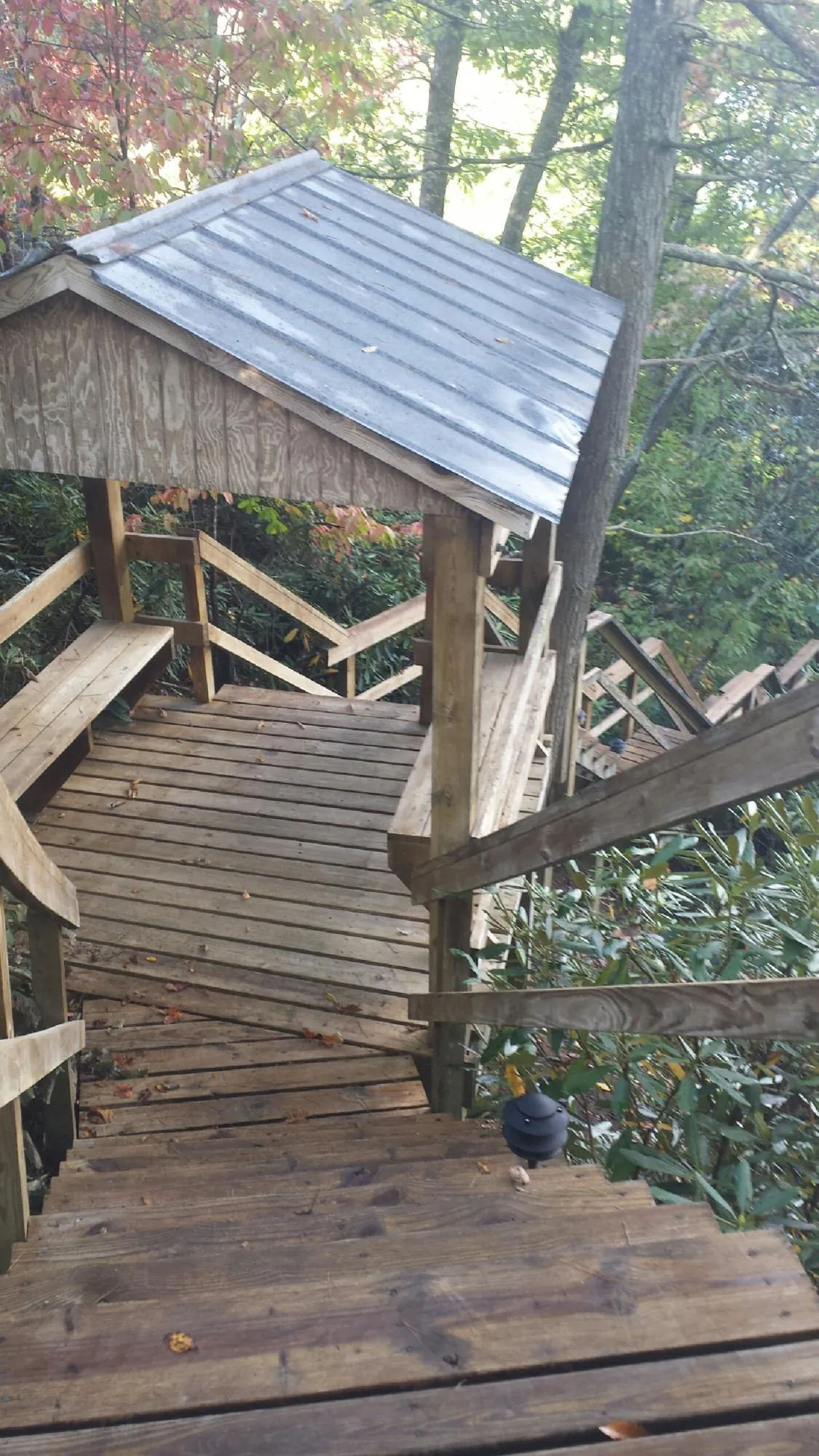 Metal roofed shelter over wooden steps on a wooded walkway — Skylight Repair & Installation work by our crew in Hardyville
